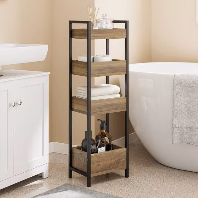 SoBuy 4-Tier Industrial Freestanding Storage Rack in Brown and Black Wood and Metal – 1