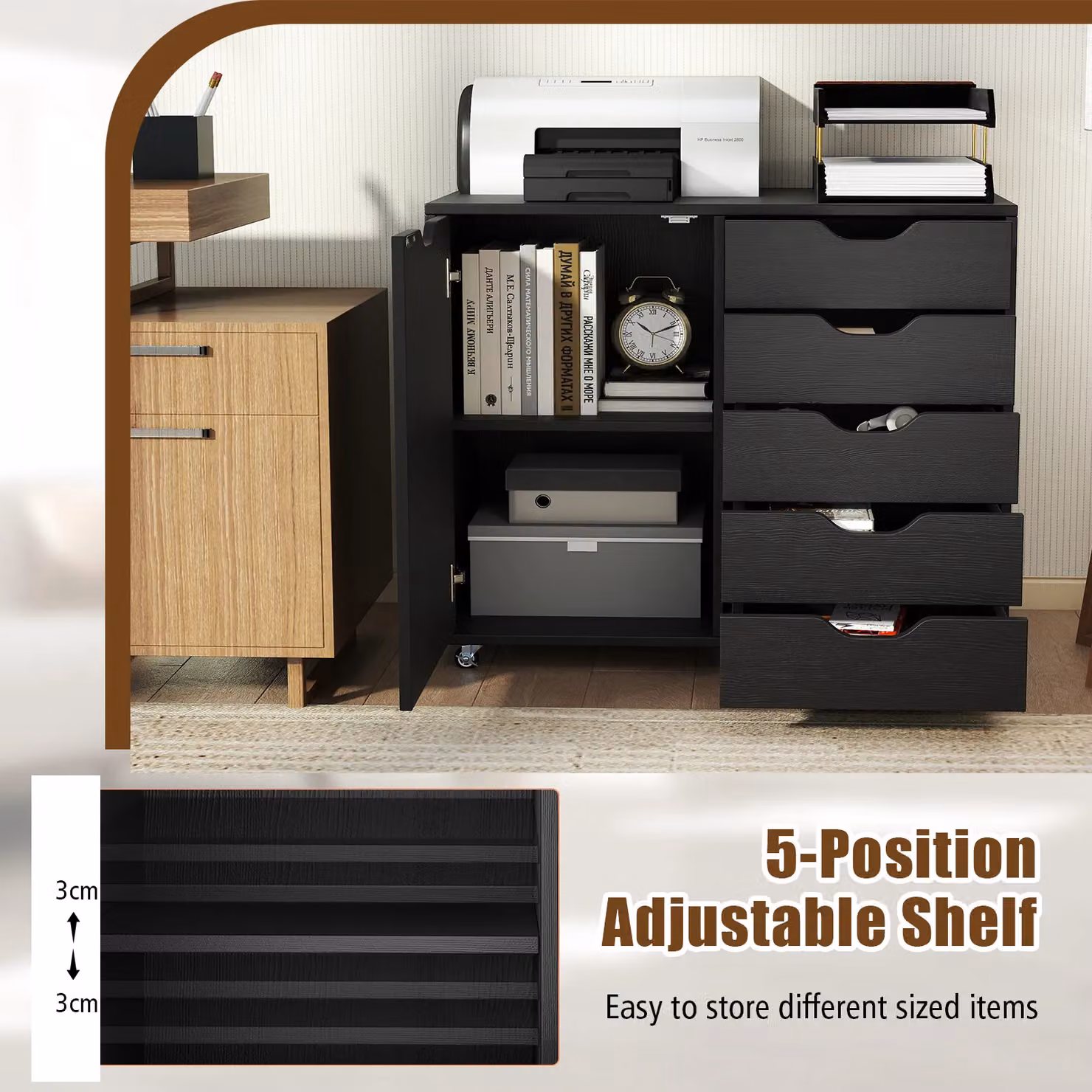 Costway Mobile 5-Drawer Chest of Drawers with Adjustable Shelf in Black – 8