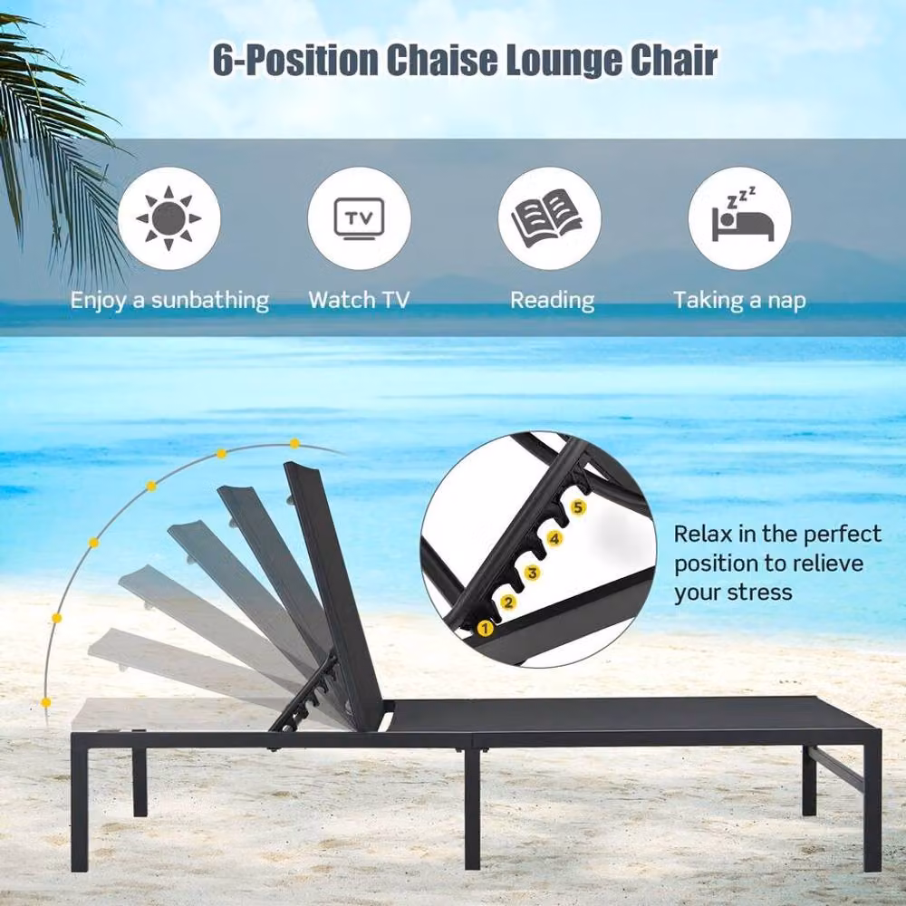 Costway Outdoor Chaise Lounge Sun Lounger Recliner Chair with 6-Position Backrest in Black – 5