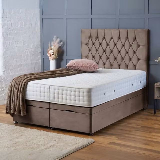 BSSPOKE Mia Ottoman Divan Bed in Taupe Plush Velvet with 54 inch Headboard, W/D/H: 180 x 200 cm