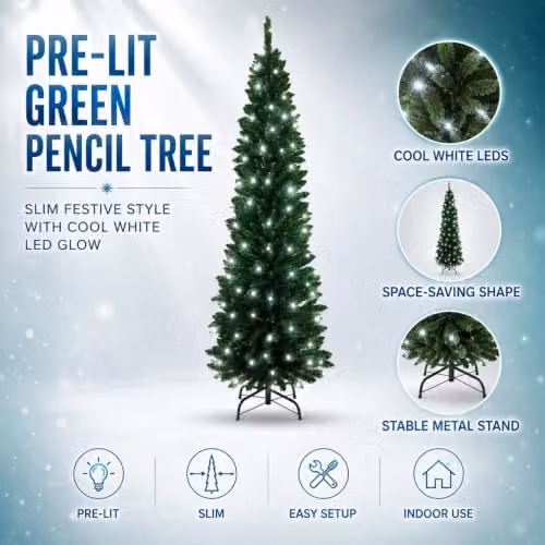 Shatchi Green Slim Pencil Artificial Christmas Tree with Cool White LEDs and Metal Stand, Height: 2.4 m – 2