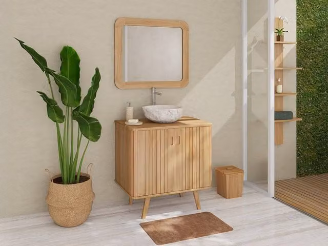 Vente-unique WAMENA Freestanding Teak Bathroom Vanity Unit in Light Oak – 1