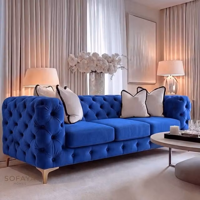 Sofaya Monaco Chesterfield Velvet 3+2 Seater Sofa Set in Blue