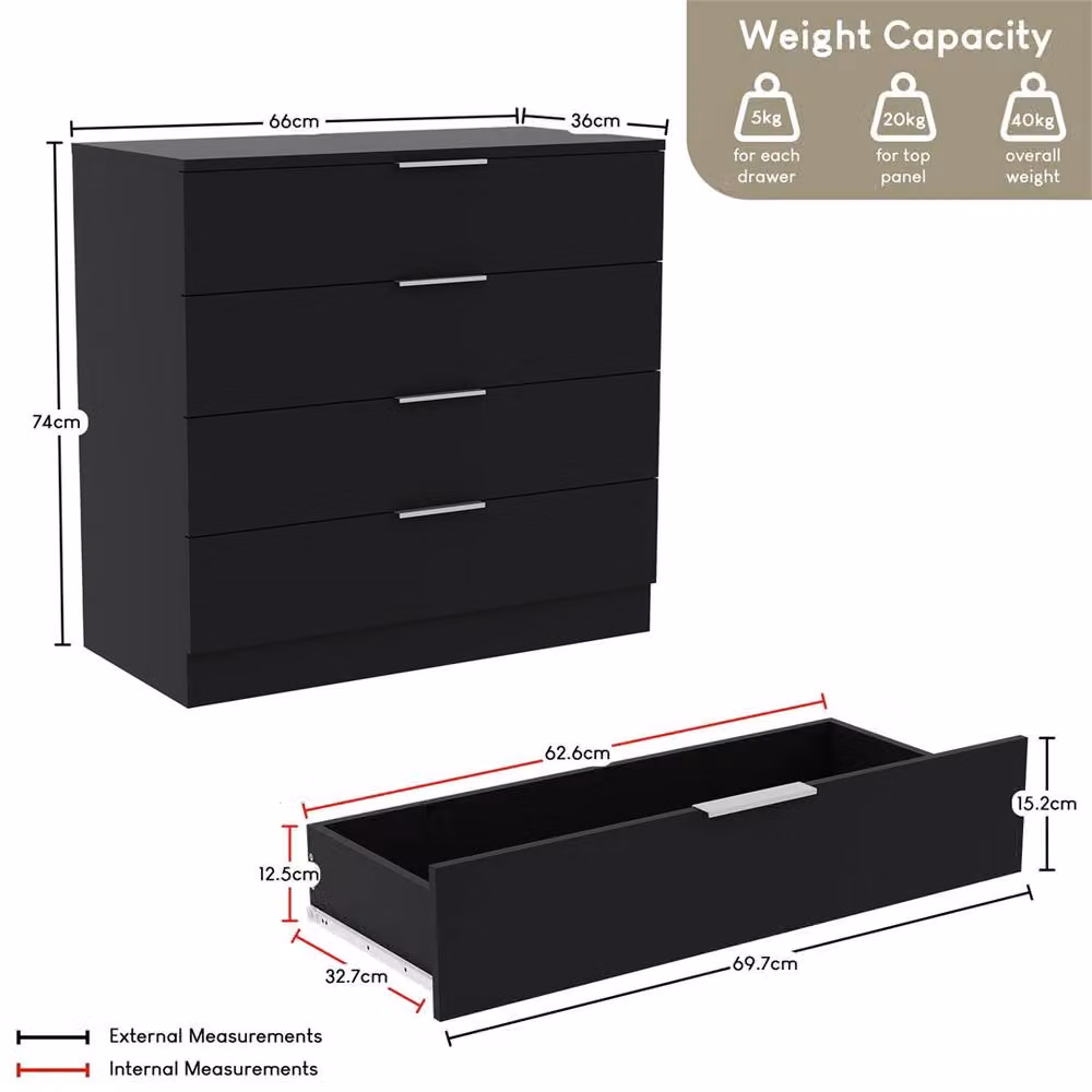 Kelvenix Modern Black 4 Drawer Bedroom Chest of Drawers – 2