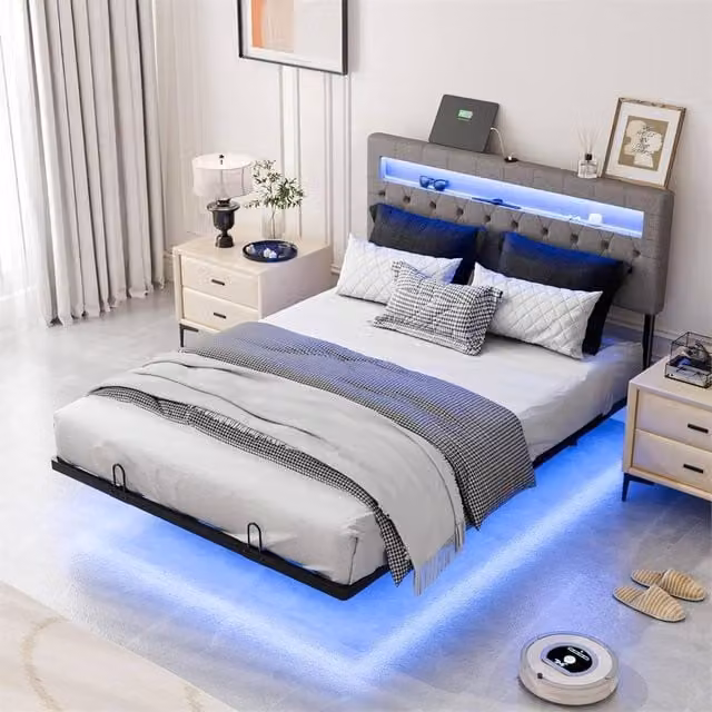 Kelvenix Double Floating Bed Frame in Black Metal with Under-Bed Lighting – 1
