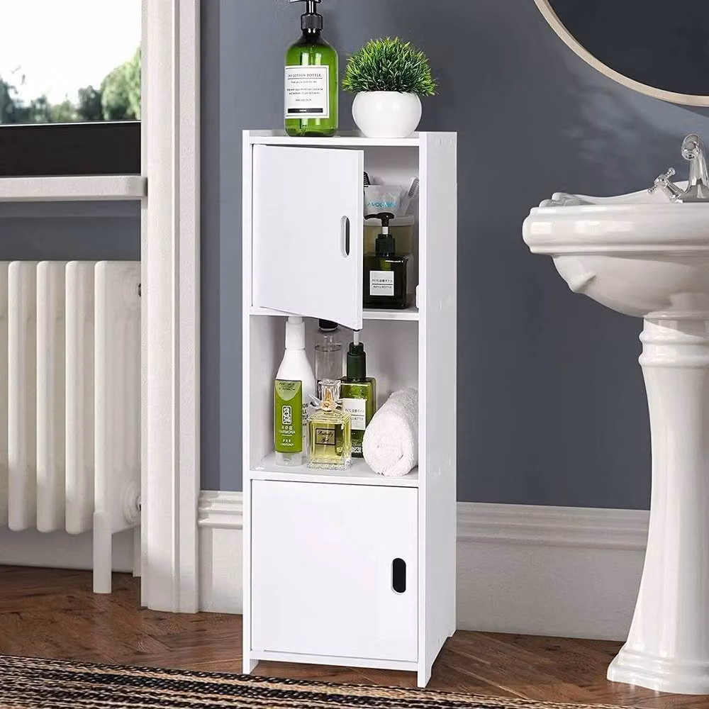 NESTLUNE White Freestanding Tall Bathroom Cabinet with Hinged Doors and Open Shelving – 4