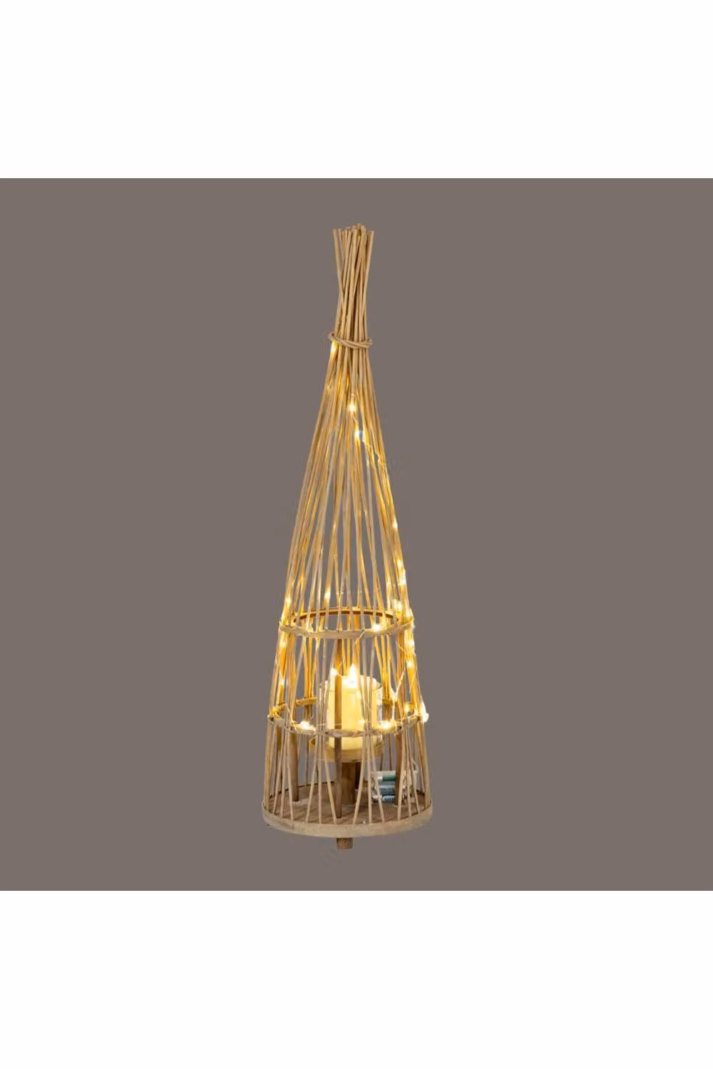 KDMD Medium Conical Brown Wicker Tabletop Lantern with Glass Holder and LED Lights – 3