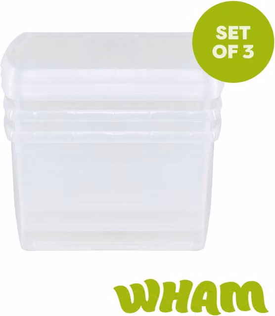 Wham Clip Set of 3 Clear Plastic Square Storage Boxes with Clip Lock Lids and Handles, 25.5L each