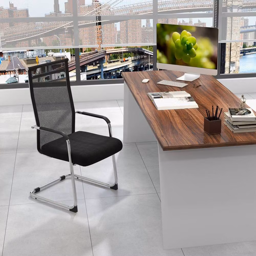 Gymax Set of 2 Black Fabric Meeting Room Conference and Office Guest Chairs – 3