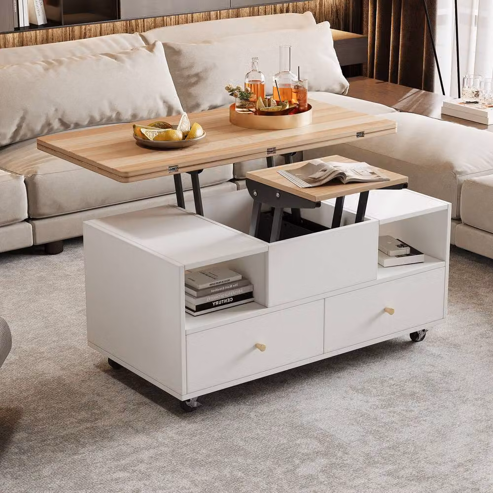 Rolipo White Lift Top Coffee Table with 4 Drawers, Wheels and Extendable Top, 2 Pack – 4