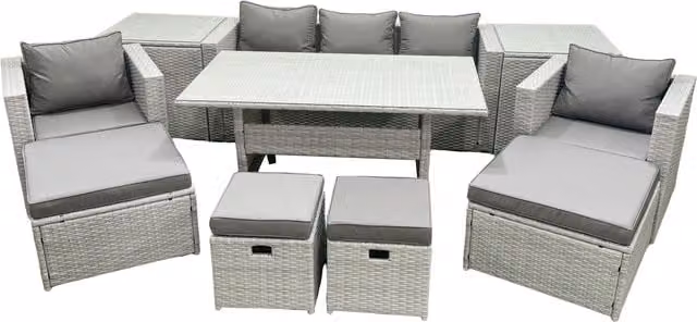 Fimous 9 Seater Rattan Garden Furniture Set with Glass Top Dining Table and 2 Side Tables in Light Grey