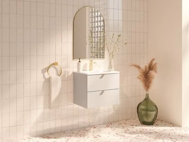 Vente-unique Wall-Mounted Modern Bathroom Vanity Unit with Inset Basin and Soft-Close Doors in Beige, W: 60 cm, D: 50 cm, H: 46 cm – 1