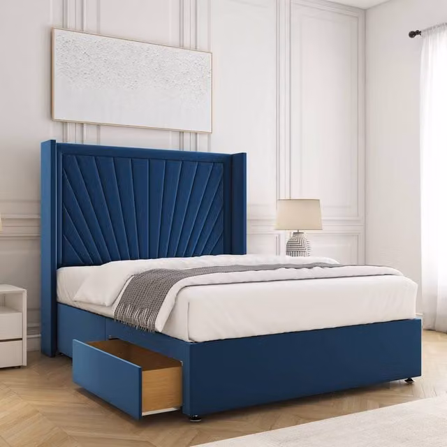 BSSPOKE Alina Super King Divan Bed in Blue Plush Velvet with 54 inch Headboard and 2 Drawers