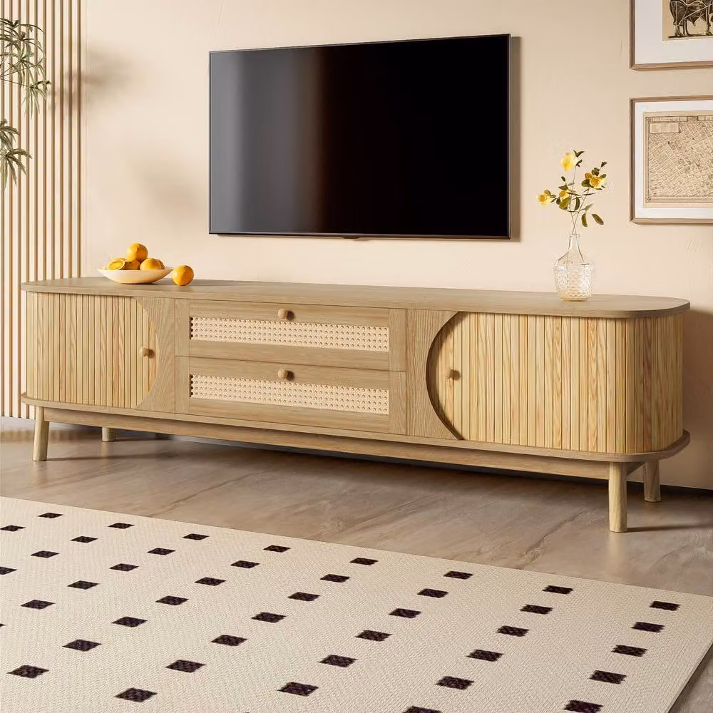 BTM Rustic Wood TV Cabinet with Rattan Style Doors and Drawers in Beige, W/D/H: 120 x 40 x 46 cm – 2