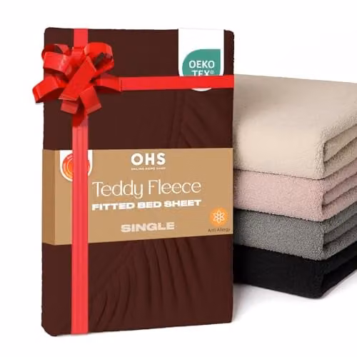 OHS Teddy Fleece Thermal Single Fitted Bed Sheet, Brown, 90 x 190 cm