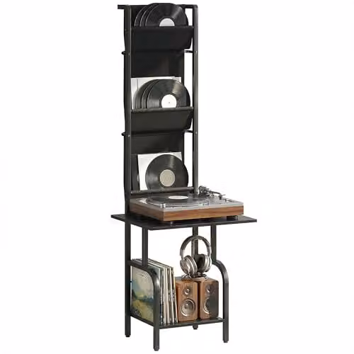HOMCOM Industrial Vinyl Record Player Stand with Media Compartments, Black, W: 48.5 cm, D: 48.5 cm, H: 144.0 cm