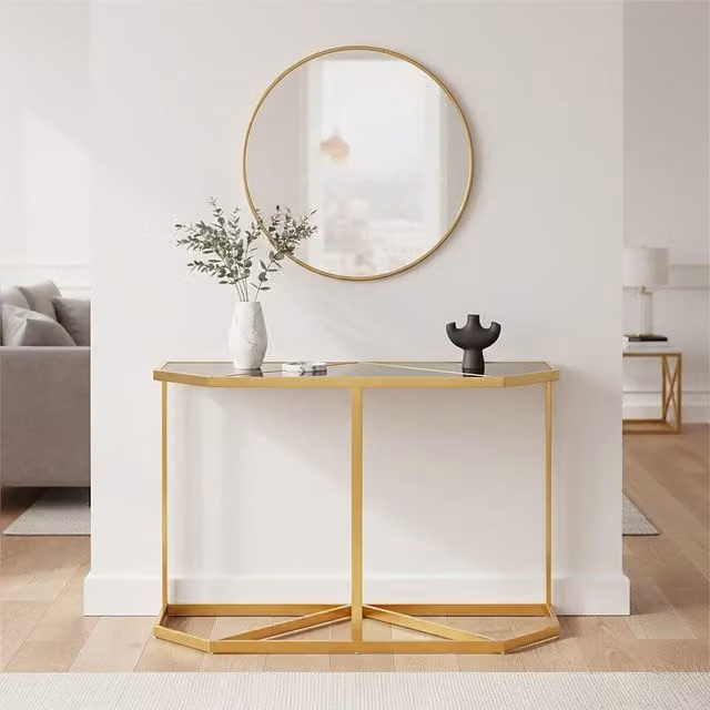 Orsina Modern Black Tempered Glass Console Table with Gold Metal Sled Base, W/D/H: 120 x 45 x 76 cm