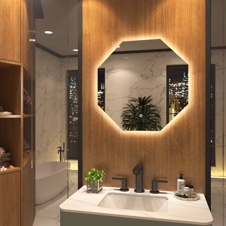 Nova Silver Frameless Octagon LED Illuminated Mirror with Demister Pad and Touch Sensor, W/H: 60 x 60 cm