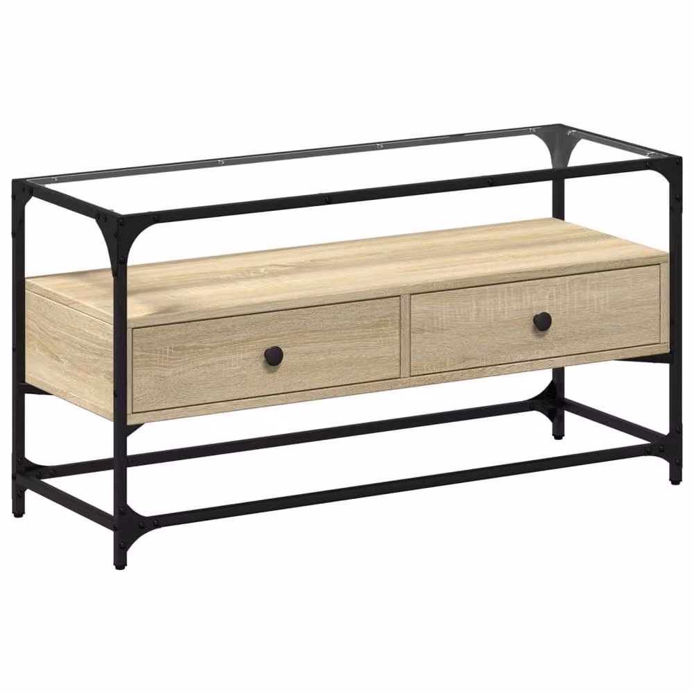 Berkfield Home TV Cabinet in Light Oak with Glass Top, W/D/H: 98 x 35 x 51 cm – 3