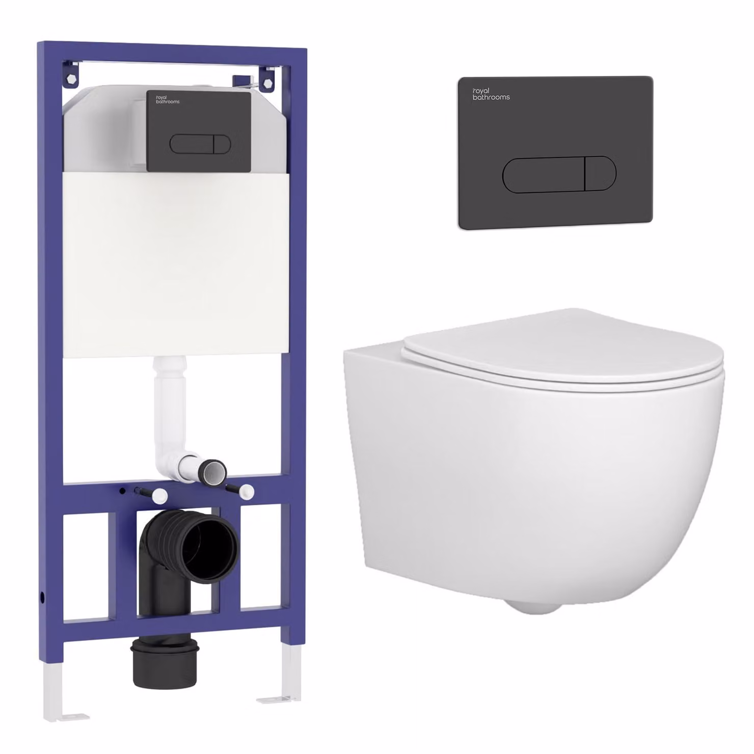 Royal Bathrooms Elva White Ceramic Wall Hung Rimless Toilet with Slim Soft Close Seat and Aqua Wall Hung Frame