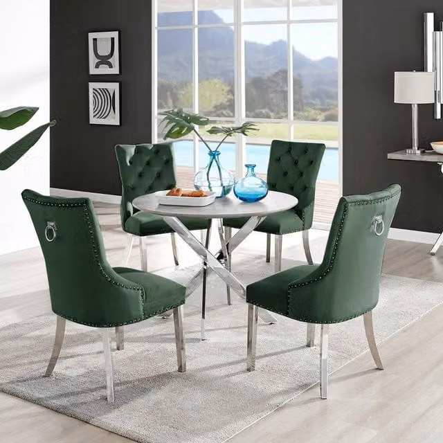FurnitureboxUK Novara Grey Concrete Effect Round Dining Table and 4 Belgravia Black Leg Chairs in Green