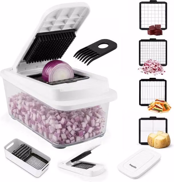 Keplin 4-in-1 Vegetable Chopper with Container and 4 Interchangeable Blades in White – 1
