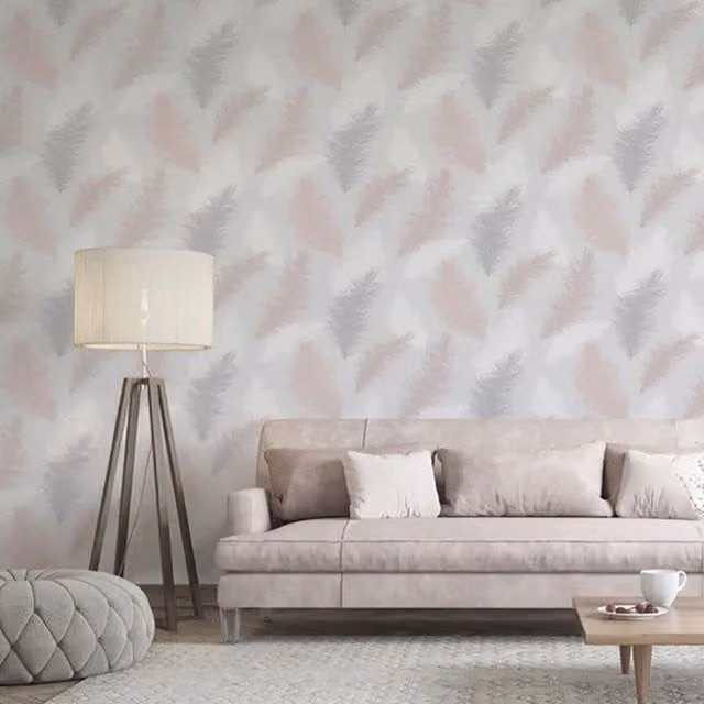 Arthouse Delicate Feather Floral Wallpaper in Grey, Pink and White