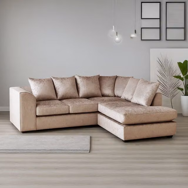 Furnishings For Less UK Crystal Crushed Velvet 3 to 4 Seater L Shaped Corner Sofa, Right Hand Facing, Beige