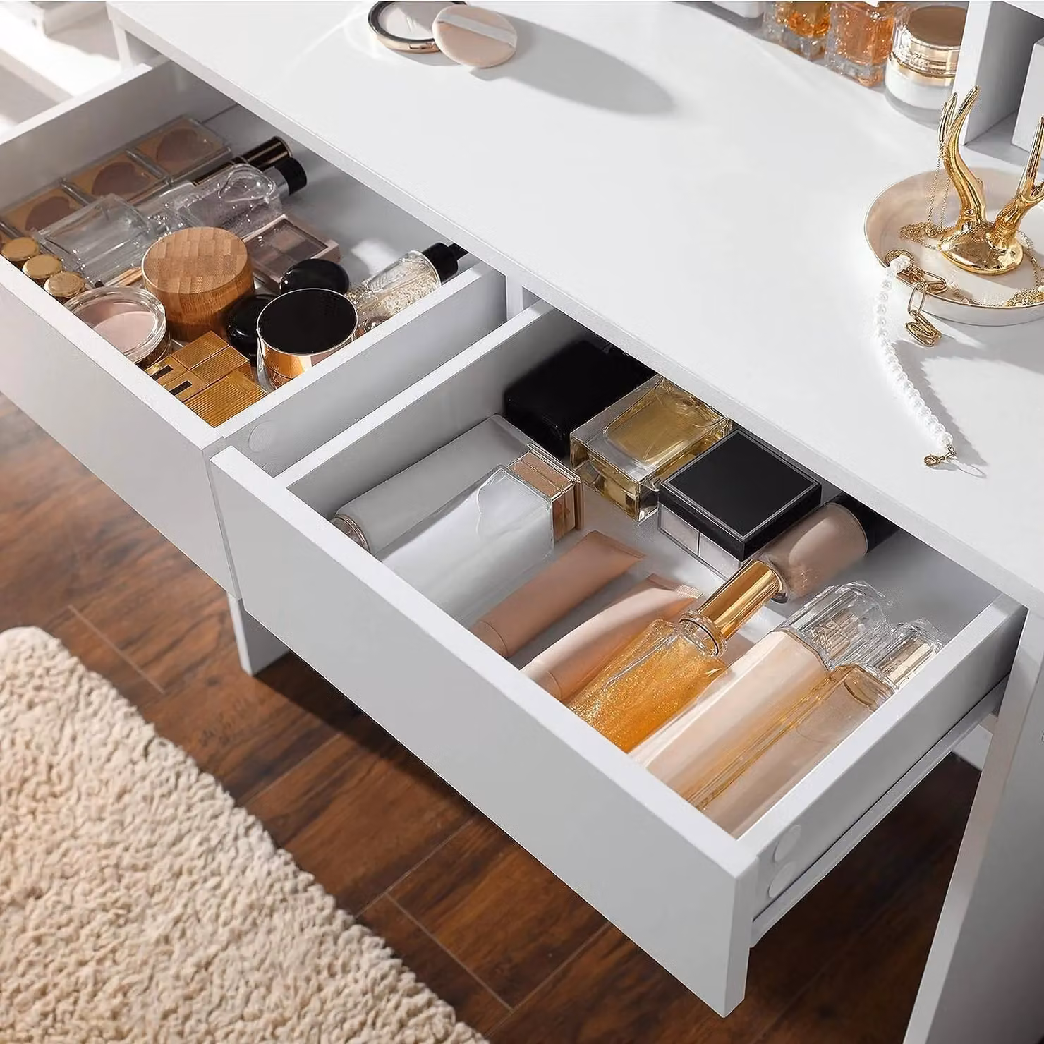 VASAGLE Modern White LED Vanity Table with Adjustable Brightness Mirror and 2 Drawers – 5