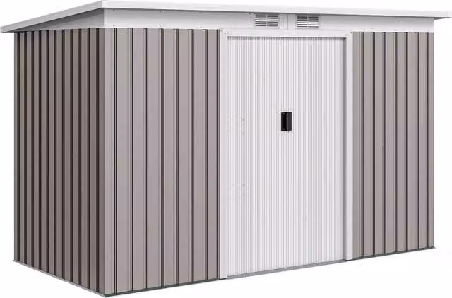 Outsunny Metal Pent Garden Storage Shed with Sliding Doors and Window, Grey, W/D/H: 274.32 x 116.0 x 158.0 cm