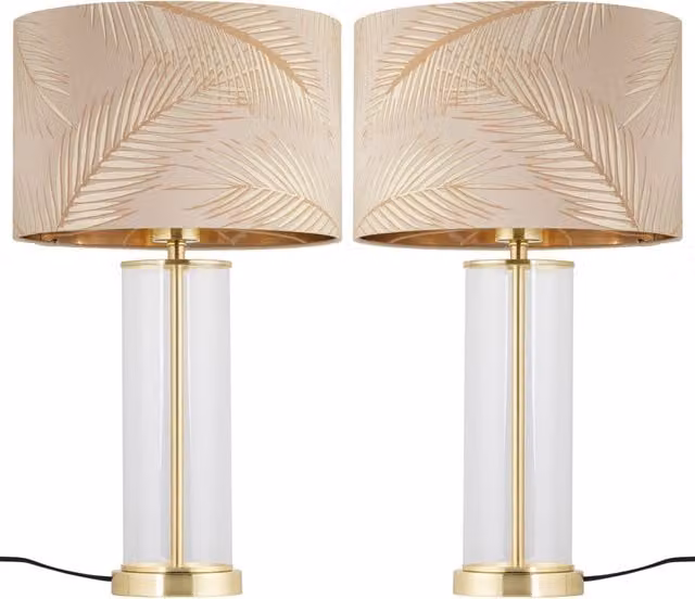 First Choice Lighting Aura Set of 2 Satin Brass Table Lamps with Champagne and Gold Leaf Shades in Gold and Brass
