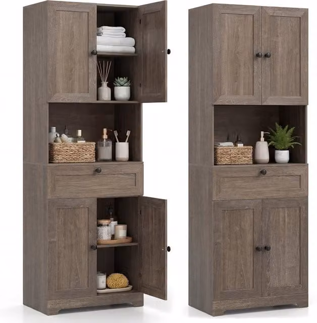 Costway Modern Grey Wooden Freestanding Bathroom Cabinet with Soft Close Hinged Doors and Internal Shelves