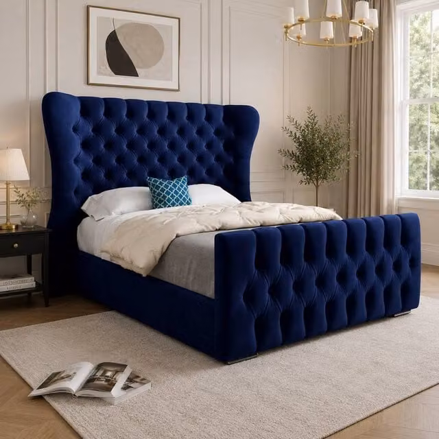 Casani Reedham Wide Curved Winged Blue Soft Velvet Designer Bed Frame, W/D/H: 120 x 200 x 137 cm