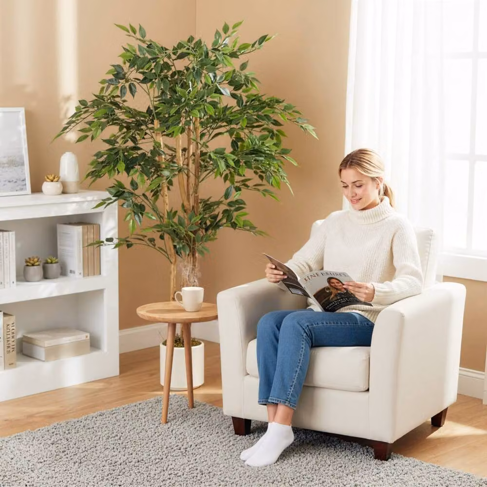 Wyld Haus Faluta 150cm Artificial Ficus Tree with Solid Wood Trunk in a White Pot, Green – 6