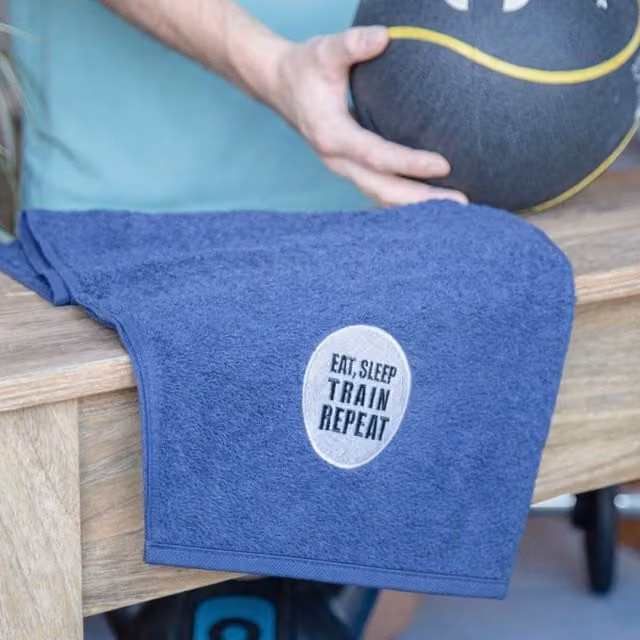 Duncan Stewart Eat, Sleep, Train, Repeat Graphic Gym Towel in Blue Cotton Terry