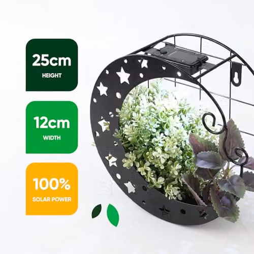 Gardenwize Solar Moon Wall Planter with Warm White LED Light, Black Metal Moon Shaped Outdoor Hanging Flower Pot for Garden and Balcony, W/D/H: 25 x 25 x 12 cm – 6