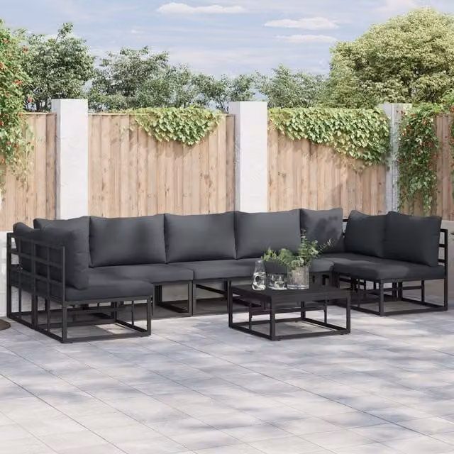 Berkfield Home 8-Piece L-Shape Garden Sofa Set in Black, Powder Coated Aluminium with UV-Resistant Upholstered Cushions, W/D/H: 70 x 70 x 32 cm