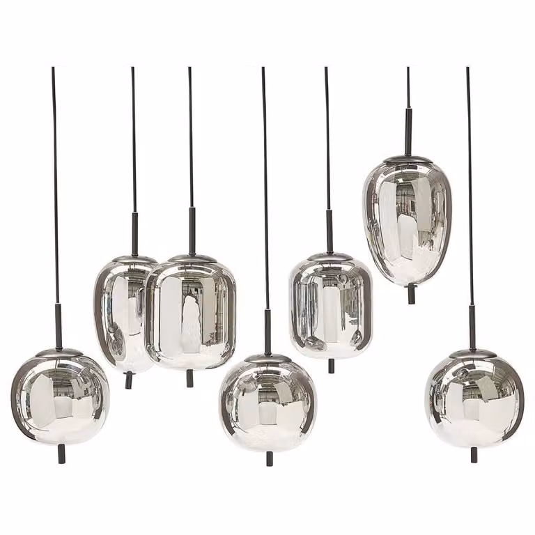 Wyld and Coco 7-Light Modern Suspended Pendant Lamp in Silver with Grey Glass Spheres