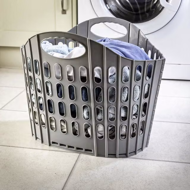 mysmartbuy Grey Folding Laundry Basket, 38L Capacity, H39 x W50 x D33 cm
