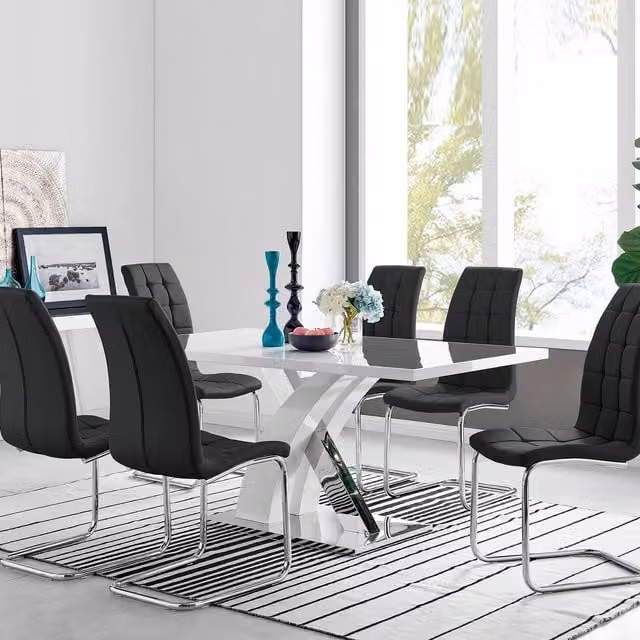 FurnitureboxUK Atlanta Modern Rectangular High Gloss White Dining Table and 6 Black Murano Chairs Set