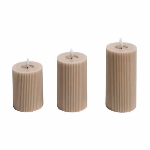 OHS Set of 3 Ribbed Flameless LED Pillar Candles in Beige, H: 15.0 cm, W: 7.5 cm, D: 7.5 cm – 1