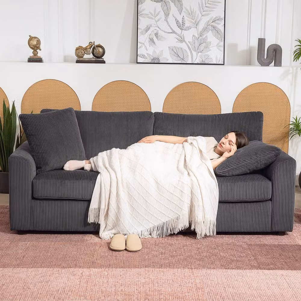 STILVORA 3 Seater Sofa in Grey Corduroy with Scatter Cushions – 7