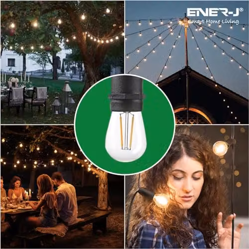 ENERJ 10.2m Outdoor LED Festoon String Lights with 10 x 2W E27 Vintage Filament Bulbs, IP65 Waterproof, Warm White, Black – 5