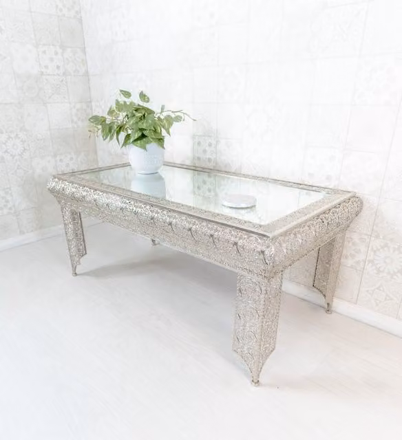 Downton Interiors Agadir Silver Embossed Metal and Mirrored Glass Coffee Table