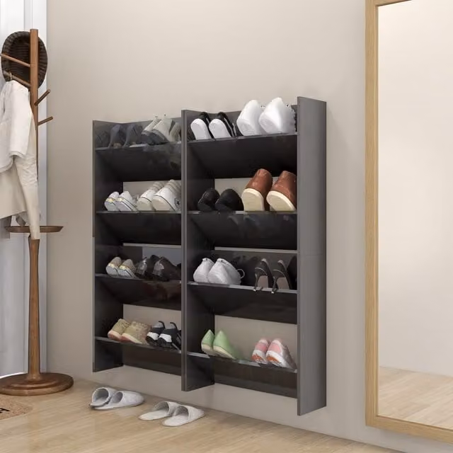 Berkfield Home Set of 4 High Gloss Grey Wall Mounted Shoe Cabinets, W: 60 cm, D: 18 cm, H: 60 cm
