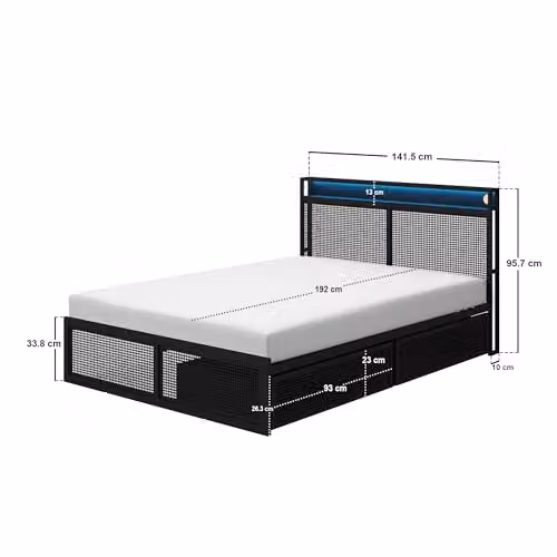 Flair Callan Metal Bed with Storage, LED Lighting and Drawers, Black, W/D/H: 140 x 200 x 76.7 cm – 3