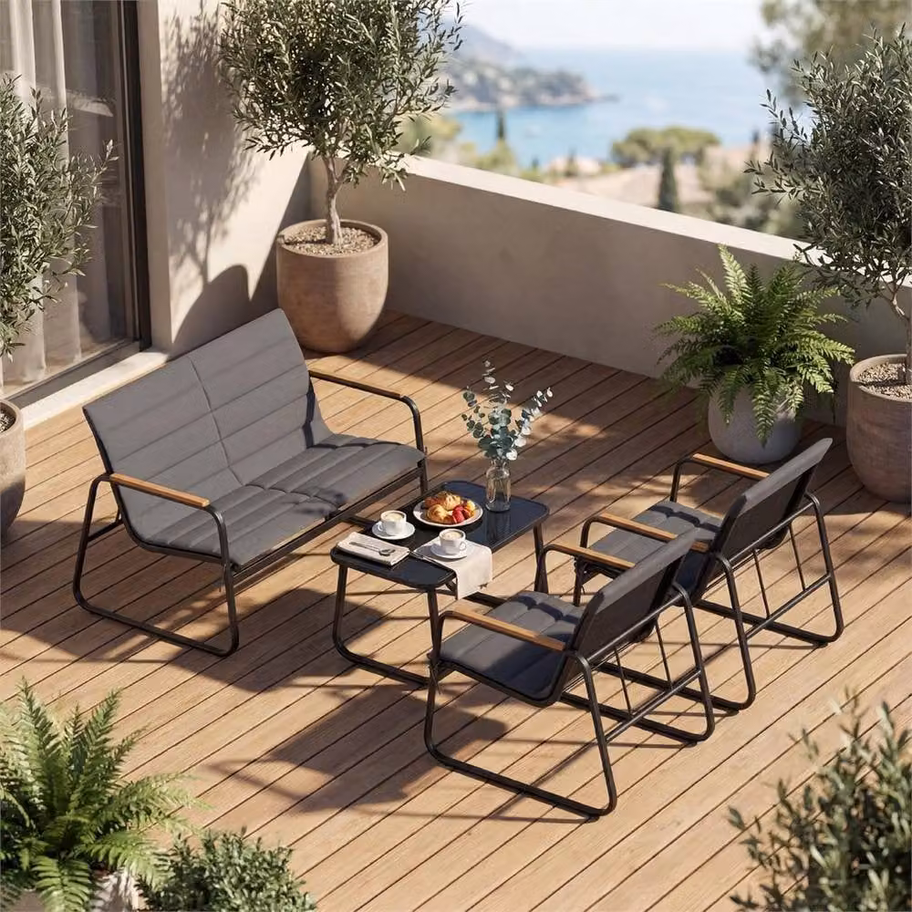 KORVIXA 4 Piece Grey Outdoor Patio Conversation Furniture Set – 4