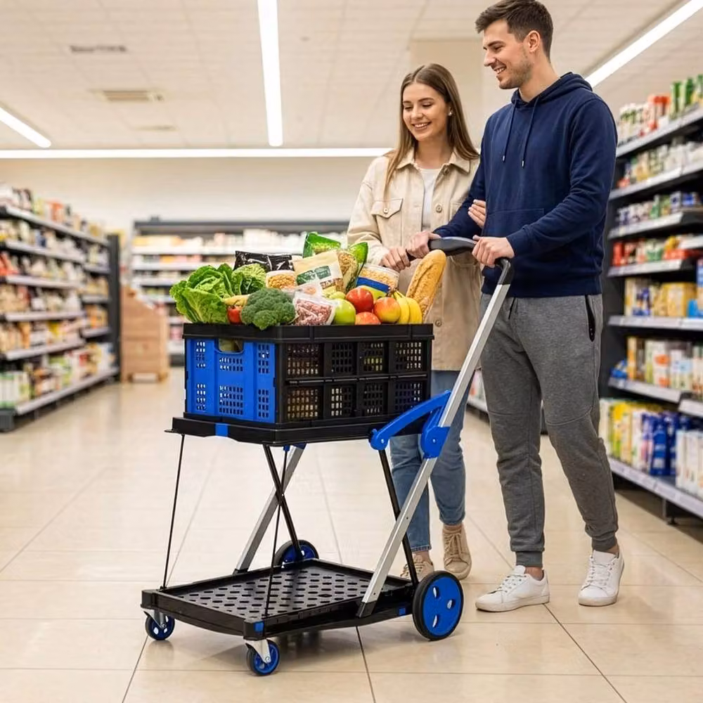 SPETLEK Folding Shopping Trolley Cart with Collapsible 2-Tier Platform, Blue, W: 40 cm, D: 40 cm, H: 108 cm – 4