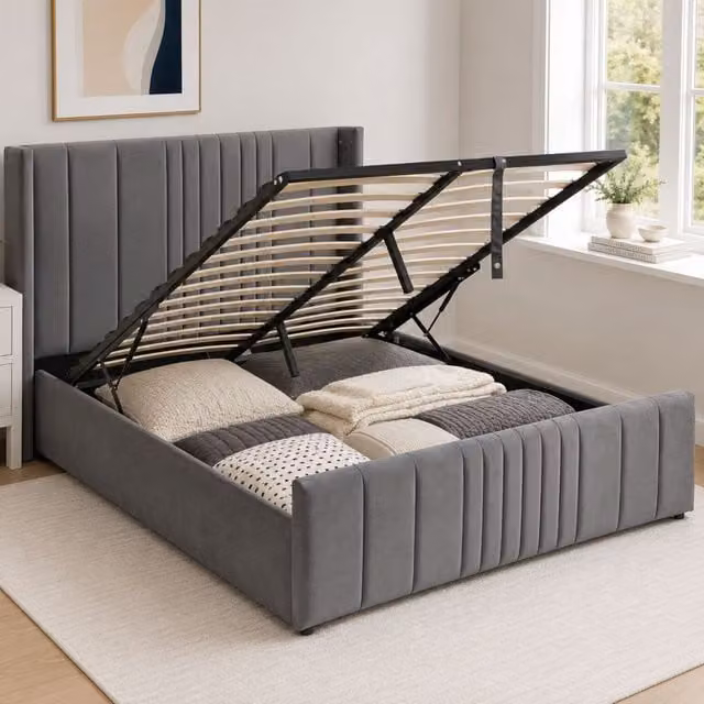 Groundlevel Langford Velvet Upholstered Ottoman Storage Bed in Grey, W/D/H: 180 x 200 cm