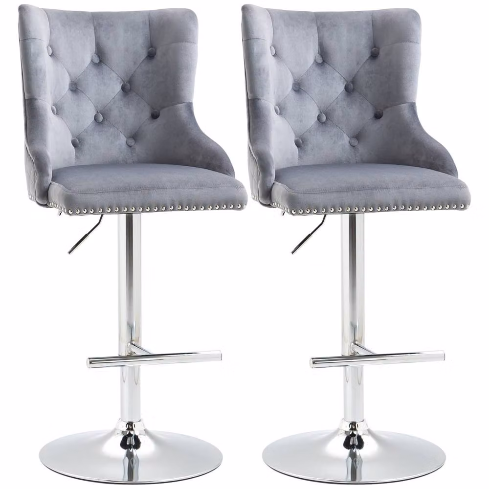 Wyld Haus Recoco Grey Velvet Tufted Adjustable Swivel Bar Stools, Set of 2 – 2